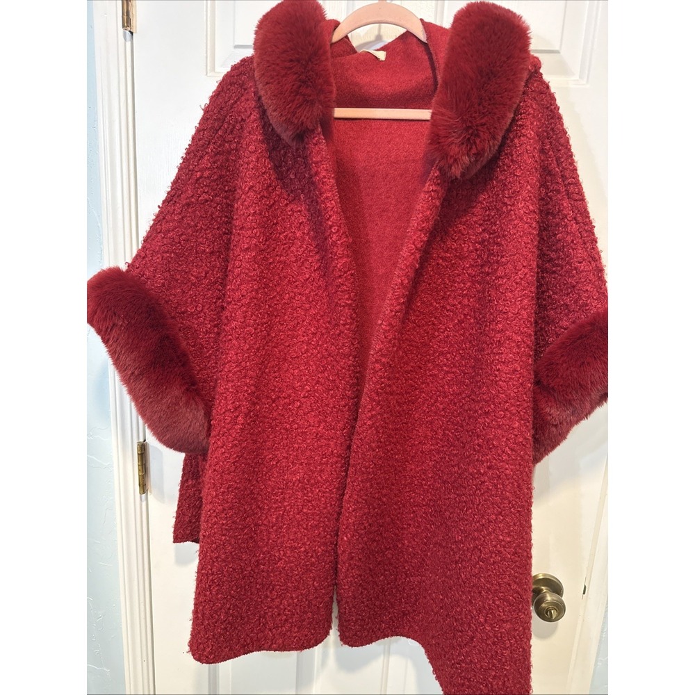 Red formal Cape Wrap coat Luxury Faux Fur‎ Cotton Wool blend OS cranberry red